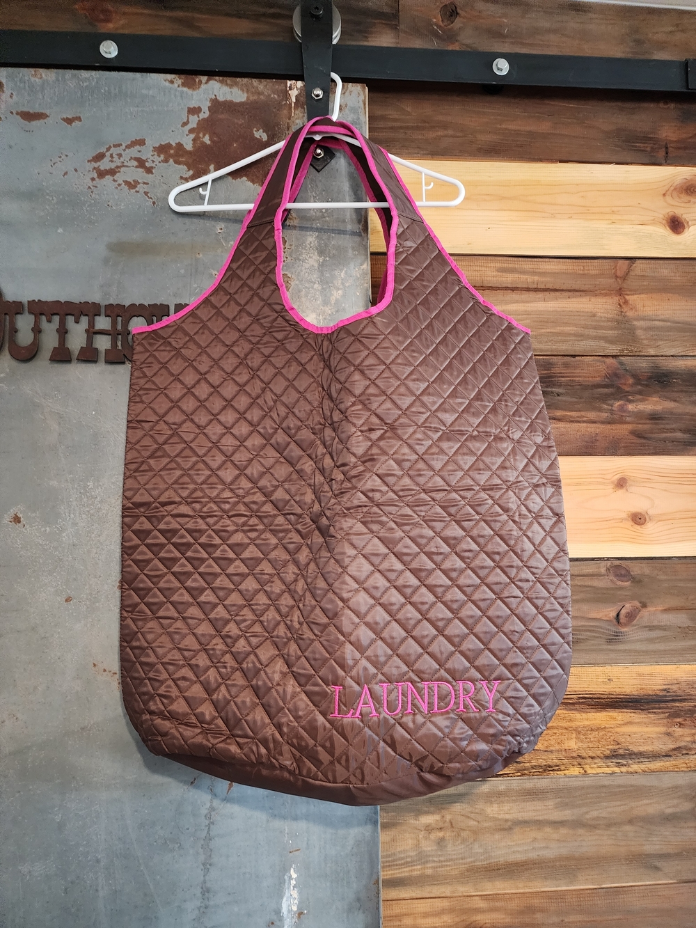 Quilted Brown Tote Bag with Pink Trim - Laundry Embroidery